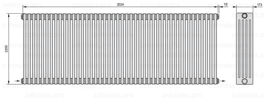 Схема (чертеж) Радиатор Zehnder Charleston 5220/44 №2670 Белый глянцевый RAL 9016